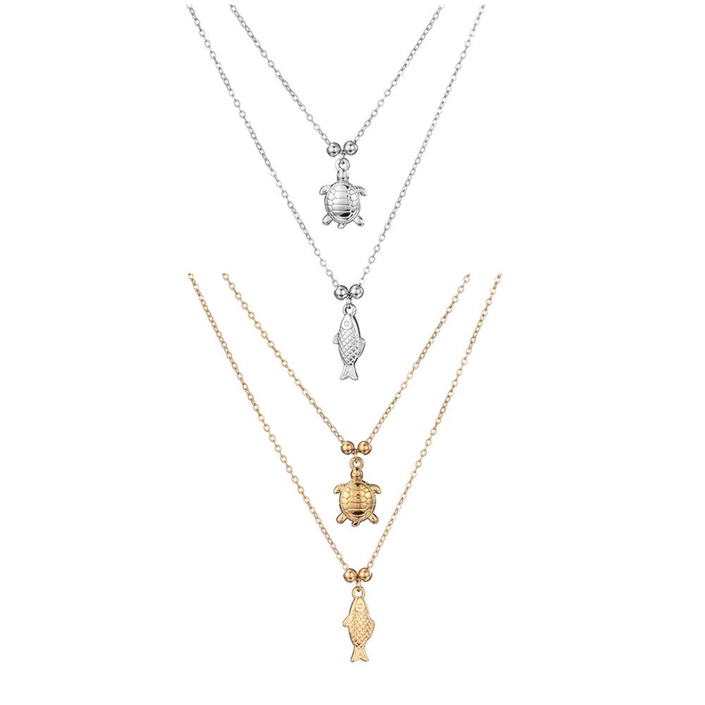 Ocean Series Titanium Steel Sea Turtle & Fish Two-Layer Necklace for Women