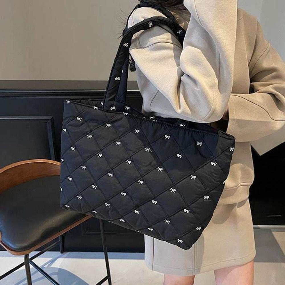 Versatile Quilted Tote Bag Sweet Bubble Shoulder Bag Cloth Bag Rhombus Plaid Handbag  Women