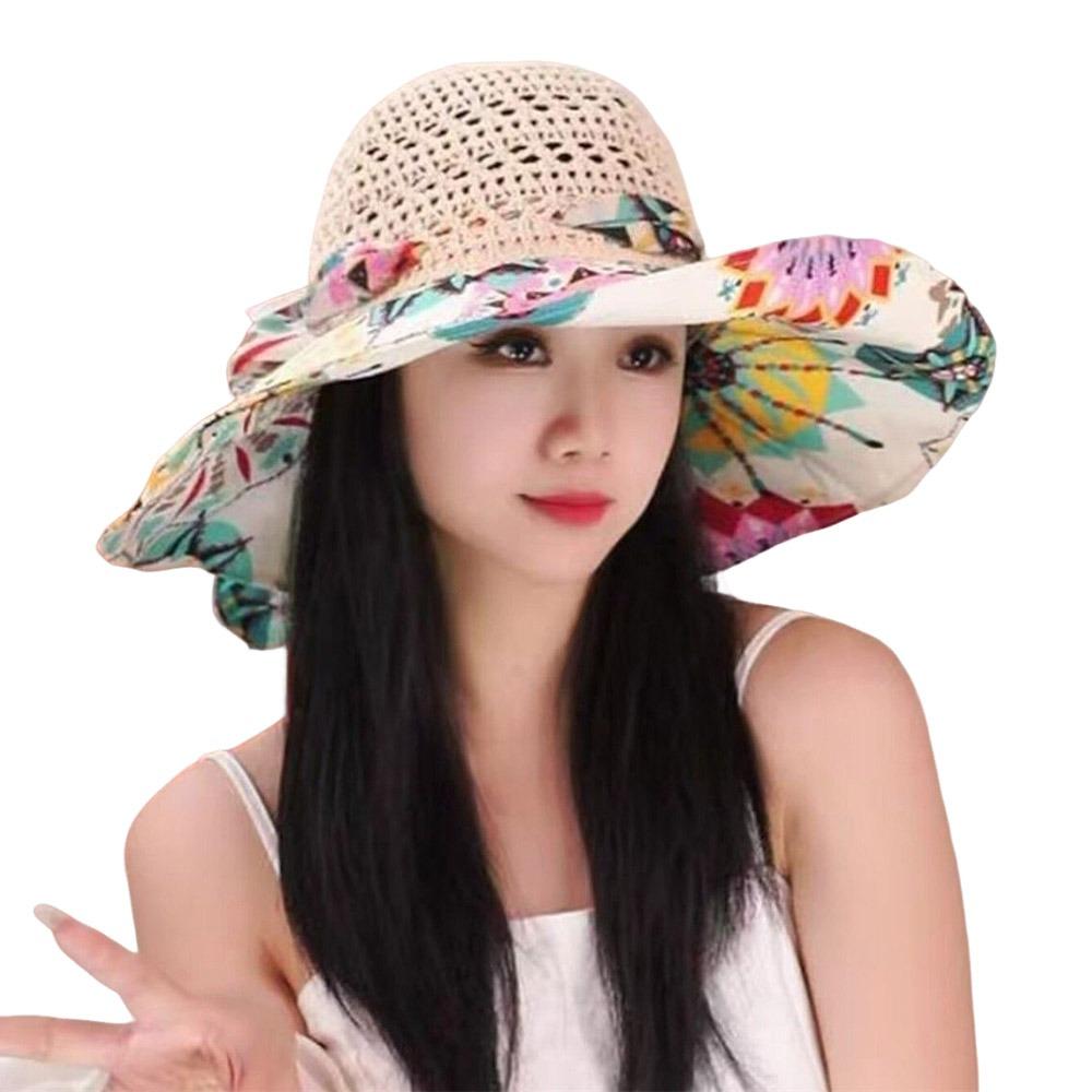Breathable Beach Straw Hat Exquisite Flower Foldable Flower Sun Hat Large Eaves UV Protection Sun Protection Hat