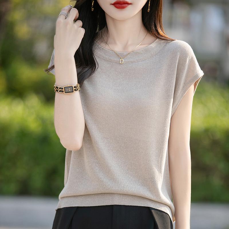 Women s V-Neck Lyocell Linen Knit T-Shirt - Spring/Summer 2026 L