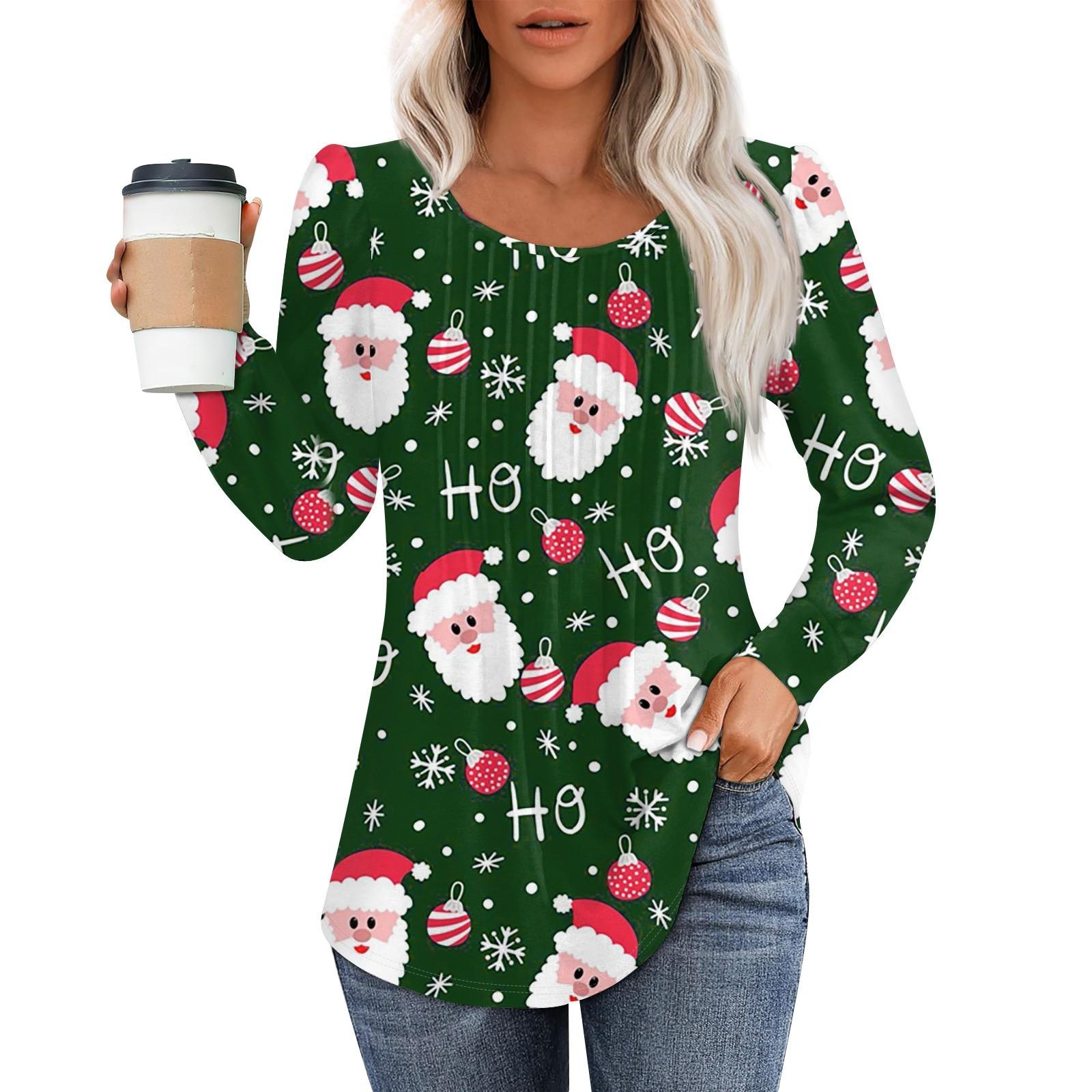 

Женская модная повседневная плиссированная футболка с круглым вырезом и принтом рождественского снеговика с длинными рукавами XL зелёный