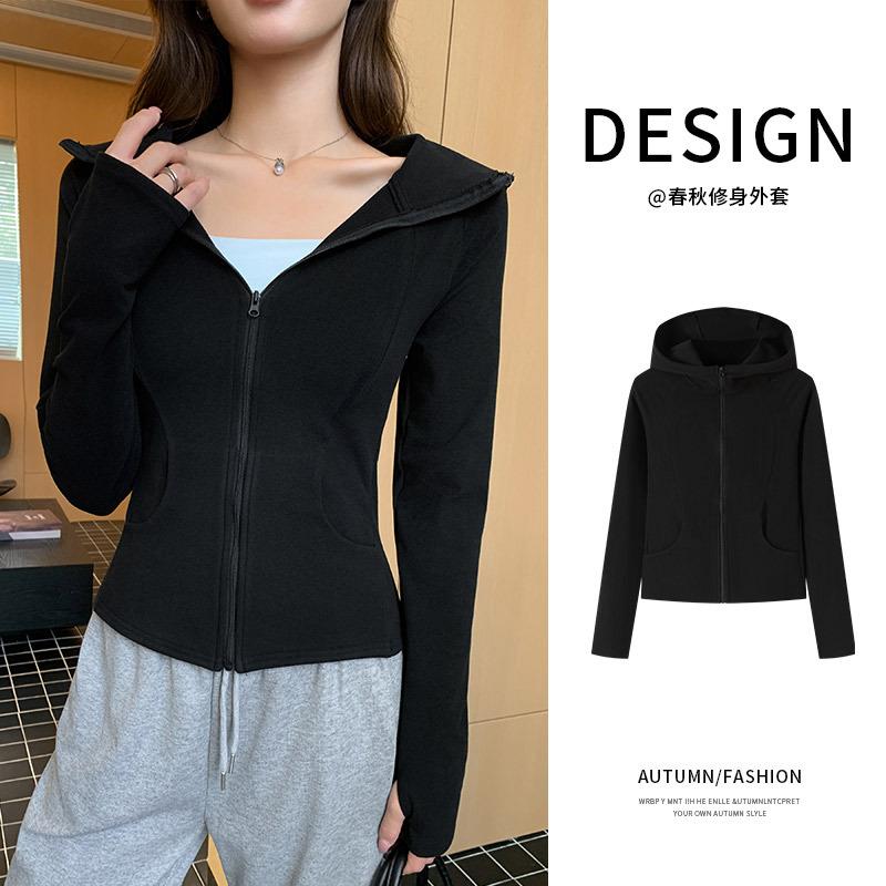 Women Hooded Zip Up Slim Waist Short Sports Yoga Sweatshirt Coat