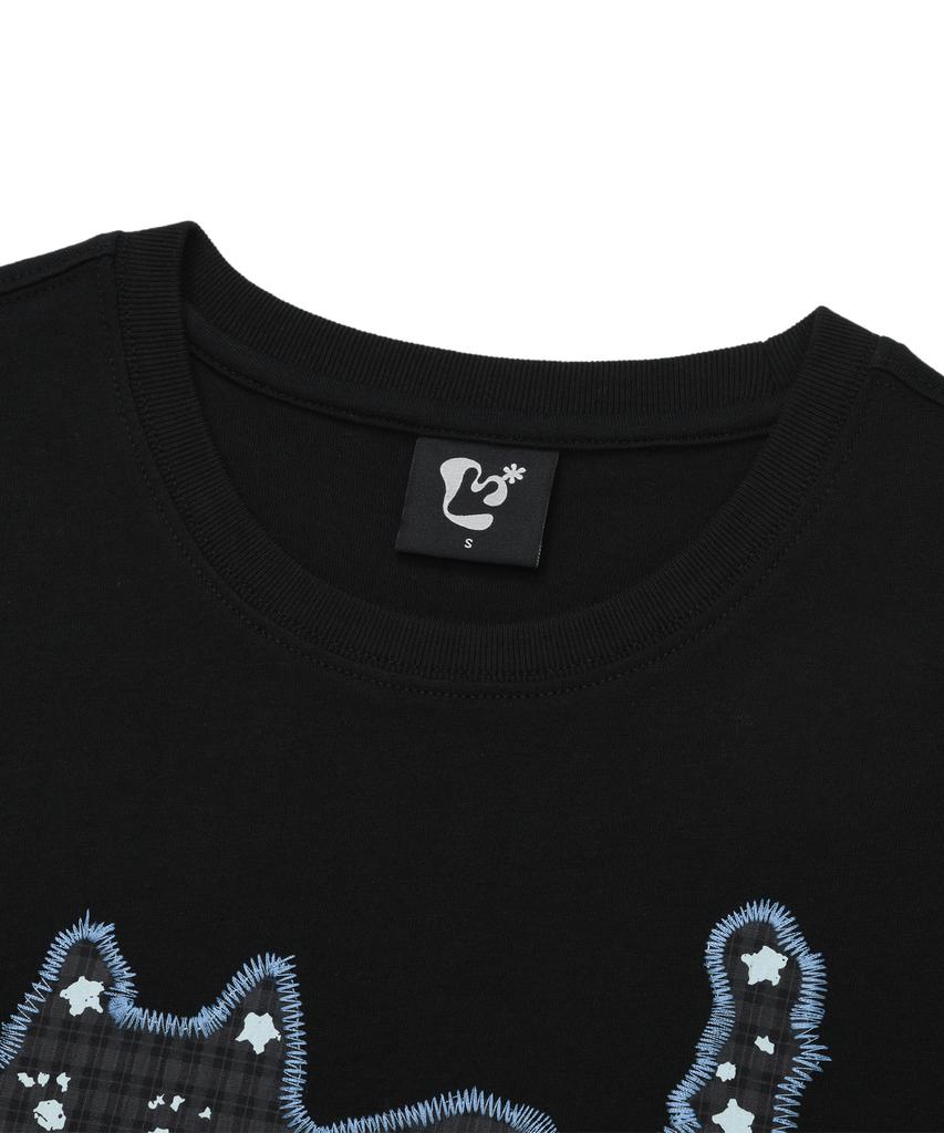 LMR Star Dot Cat Applique Short Sleeve T-Shirt Black