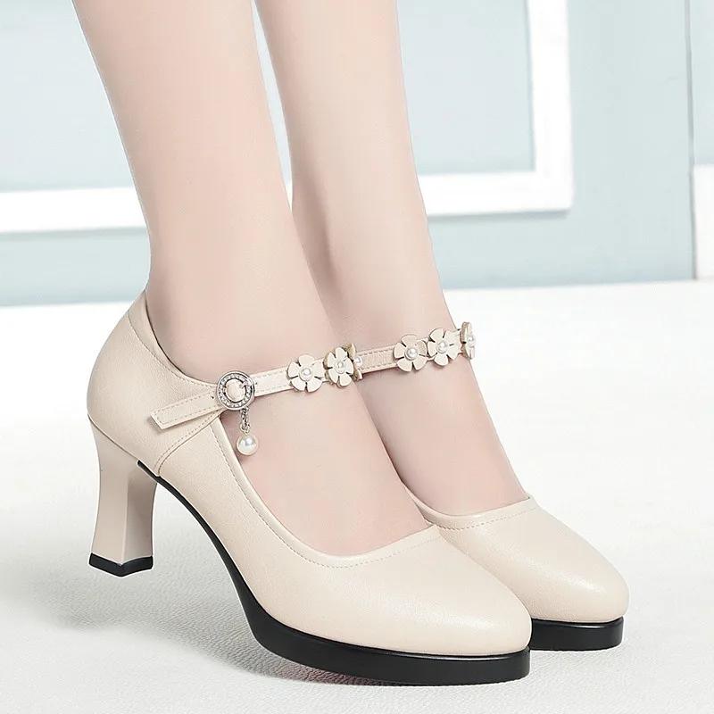 

Solid Black Buckle PU Leather Comfortable Thick Heel Platform High Heel Shoes for Women Spring Autumn Daily Wear 34
