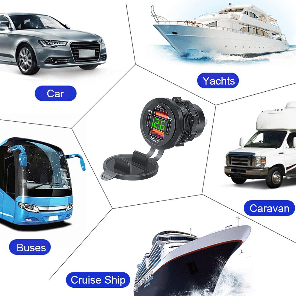 Dual PD Dual QC 3.0 USB Car Charger with Voltmeter Power Outlet Adapter 4 Ports Fast Charging Outlet 78W for Phone Tablet