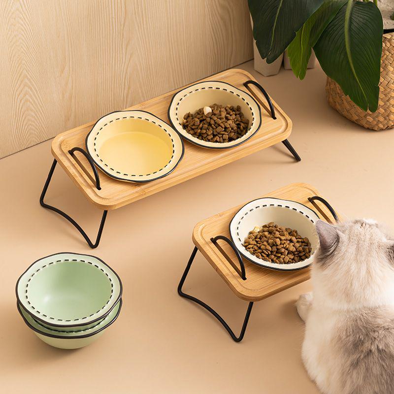 Non-Spill Raised Pet Bowl Set: Double Dog Bowl, Triple Cat Bowl, Anti-Tip Ceramic for Neck Protection
