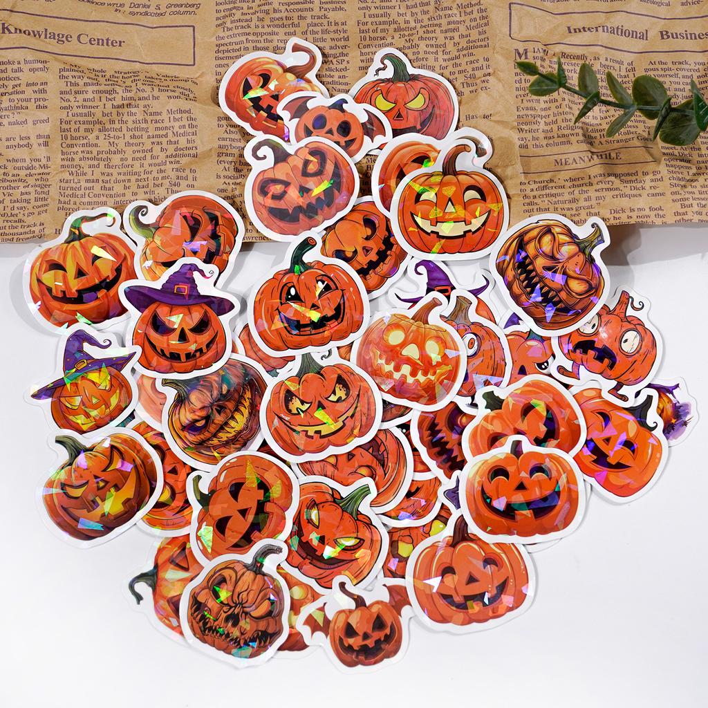 50 PCS Laser Pumpkin Sticker Halloween Stickers Holographic Flash Sticker for Gifts Cups Waterproof Removable Halloween Stickers