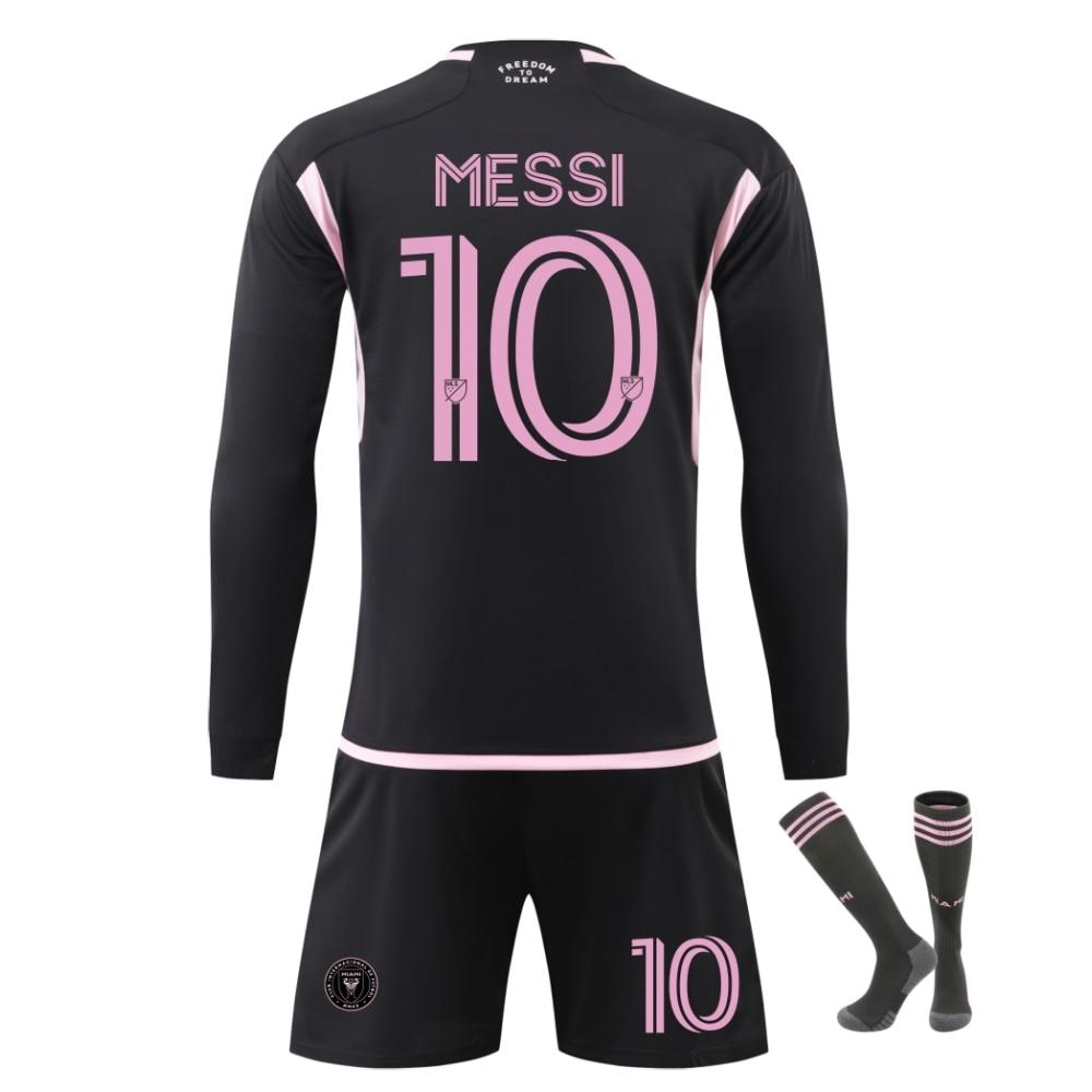 Miami Messi Maneci Lungi Fotbal Tricou Set, Black Training Jersey Shorts Breathable Sportswear