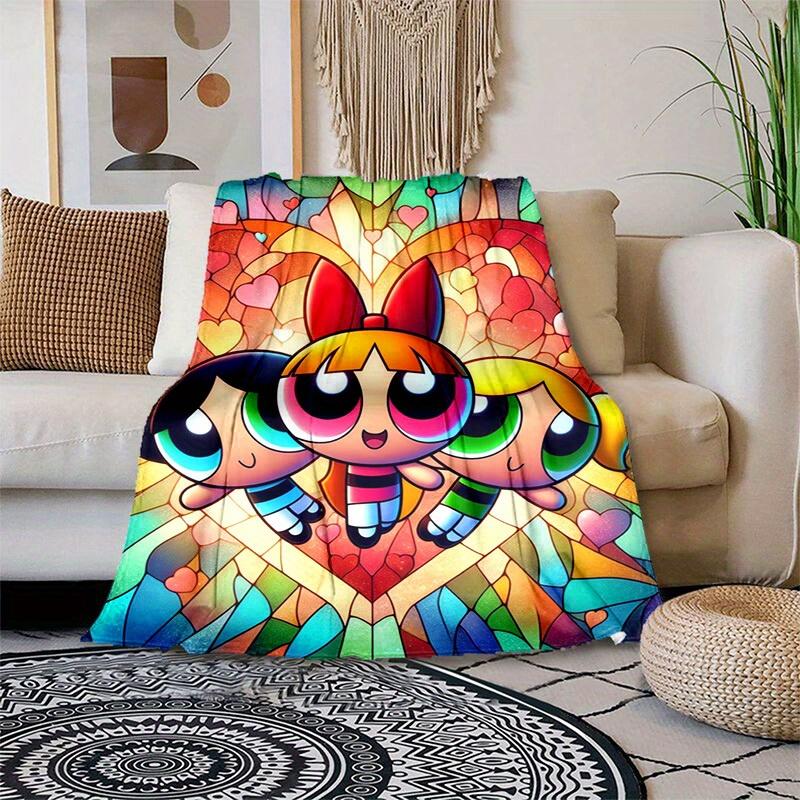 1pcPowerpuff Stained Glass Design Soft Comfortable Blanket - Perfect for Home Decor, All Seasons, and a Thoughtful