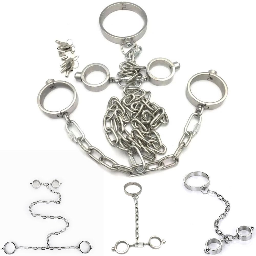 Těžká nerezová ocelová pouta na ruce a kotníky Set Otrok Omezovací sada Kovový obojek Odnímatelná pouta Sexuální hračky pro páry