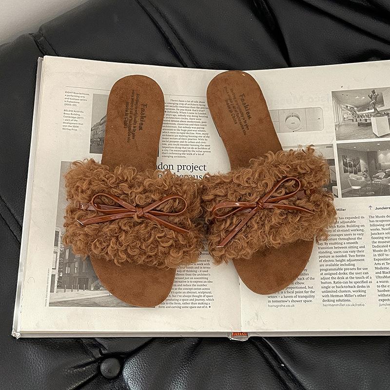 Retro Schleife Mädchen lässige flauschige Schuhe Herbst und Winter Mode vielseitige Hausschuhe einfach zu tragen bequem vielseitig Ein-Wort-Schlappen