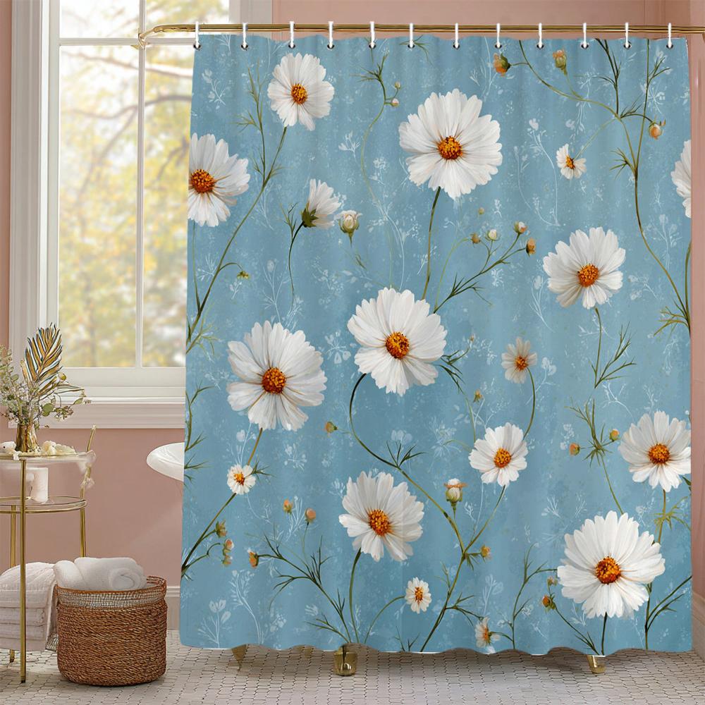 White Daisy Flowers Shower Curtain, Floral Art Bathroom Decorative Shower Curtain, Printed Polyester Fabric Curtain with Hooks
