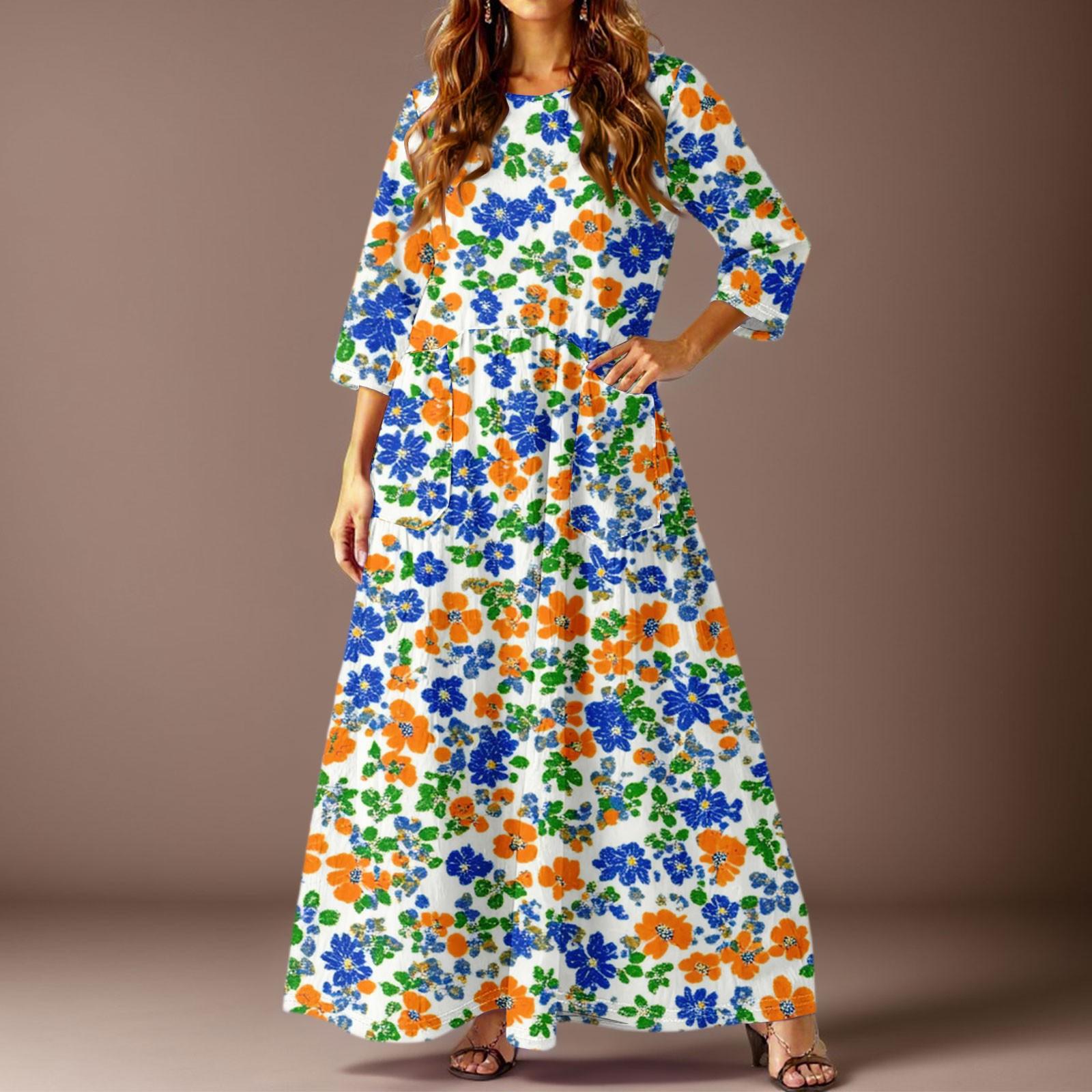 

Женское повседневное модное платье с цветочным принтом, рукавом три четверти и карманами M