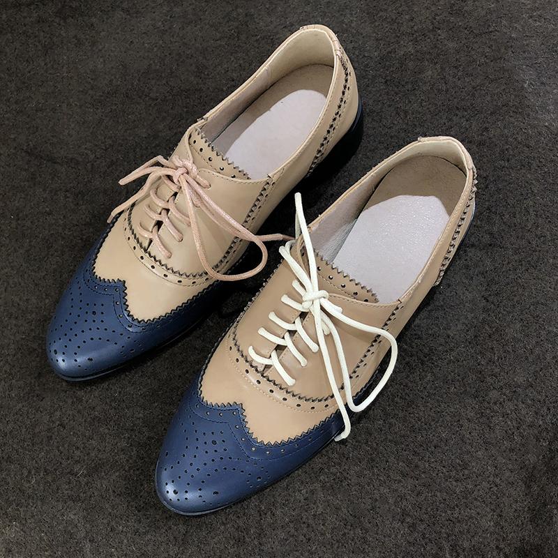 

Fashion New Spring 2025 Block Genuine Leather Oxford Low Heel Women Shoes Retro Round Toe Shoes for Women Block Pumps Retro Ladies Shoes 43 синий