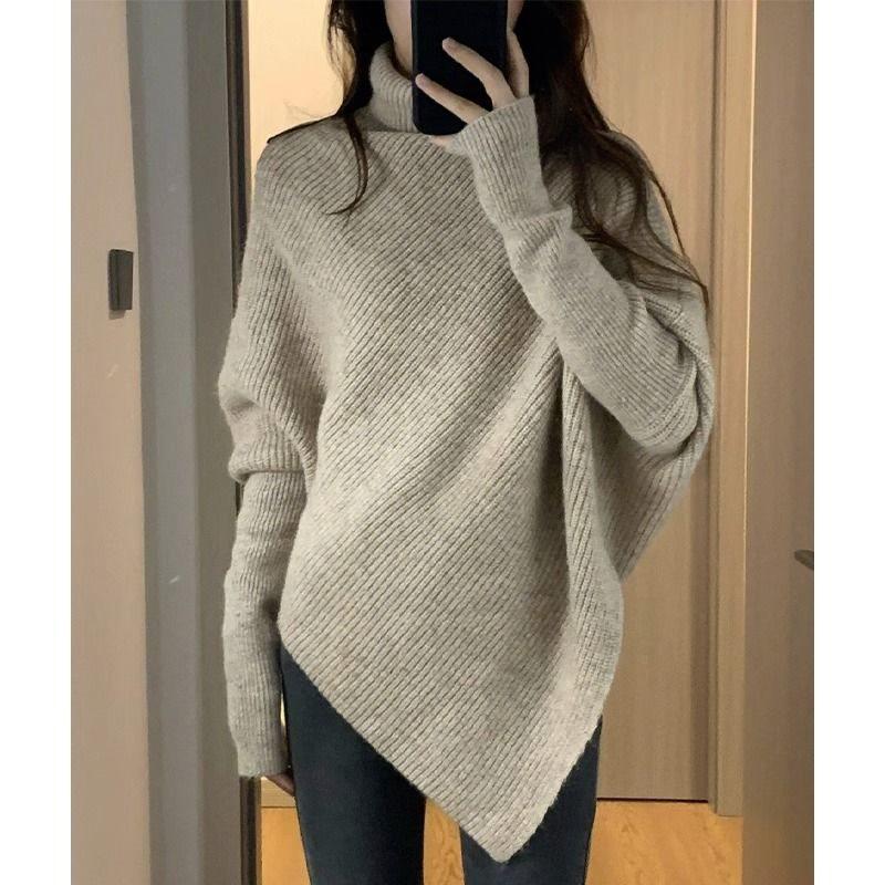 

Свитер с высоким воротом и асимметричным дизайном - Женский вязаный топ свободного кроя в корейском стиле для весны/лета S (80-95 cm)