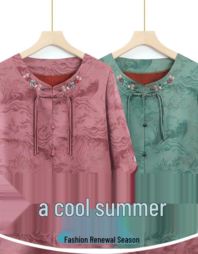 2026 Spring/Summer Embroidered Lace-up Round Neck Top for Middle-aged Women – Short Sleeve Chinese Style Shirt