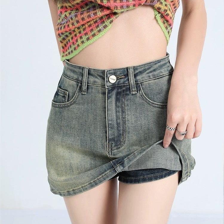 

Юбка-трапеция из денима с высокой талией в стиле ретро — защита от воздействия внешней среды, облегающий крой для лета S синий