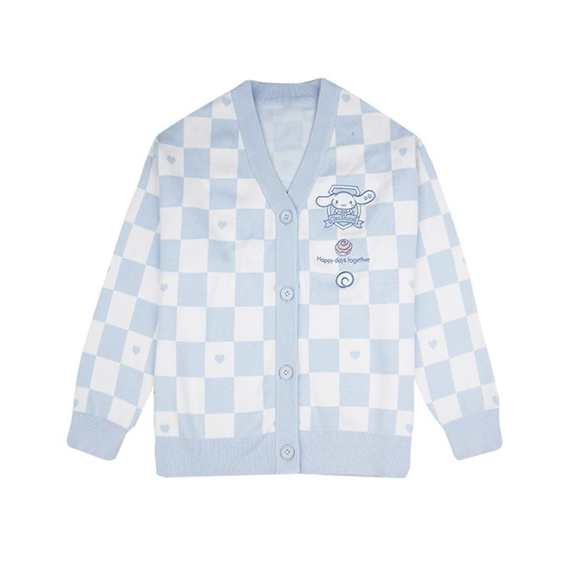 Oversized Women Knitted Cardigan Checkerboard JK Sweater Jacket Autumn Top