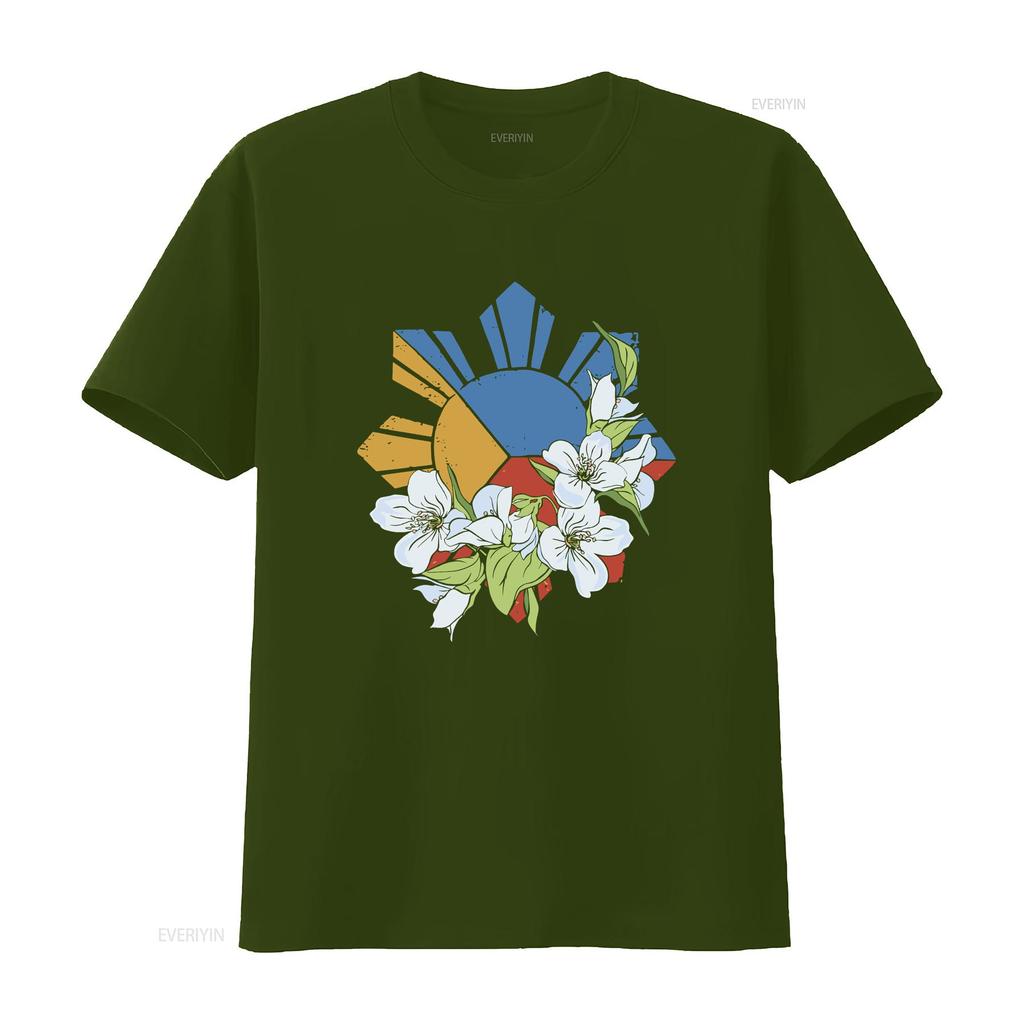 Filipino Flag Sun and Stars Sampaguita T Shirt Crewneck Symbol Philippines  vintage Washed Top For Everyday Wear Stretched