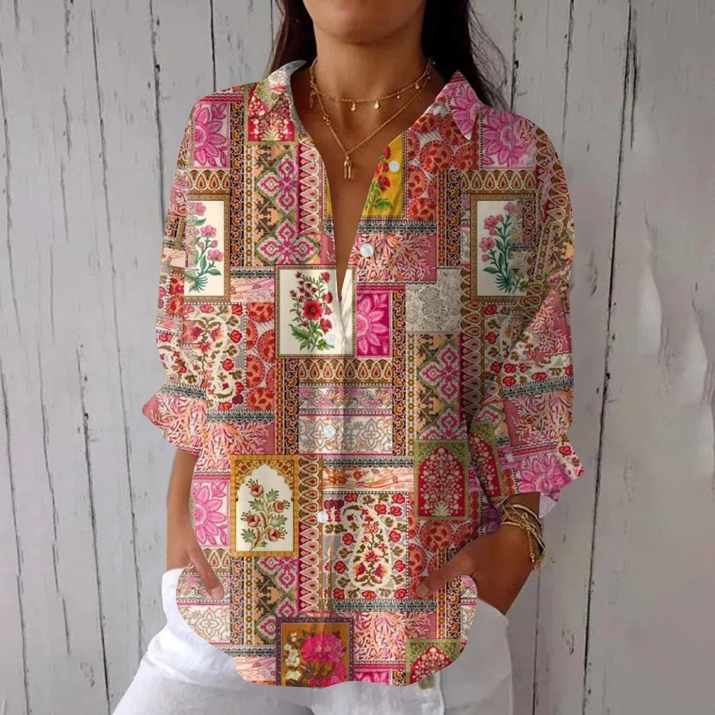 Women's Fashion 3/4 Sleeve Casual Lapel Back Tie- Floral Print T-Shirt Top