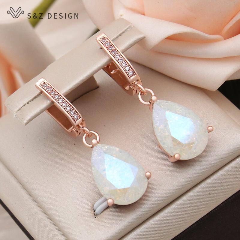 Fashion Water Drop Ice Crack Crystal Dangle Earrings For Women Wedding Rose Gold Color Cubic Zirconia Jewelry
