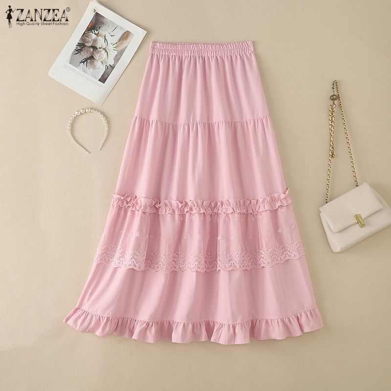 ZANZEA Women Elegant Lace Splice Casual Elastic Waist Loose Long Skirts
