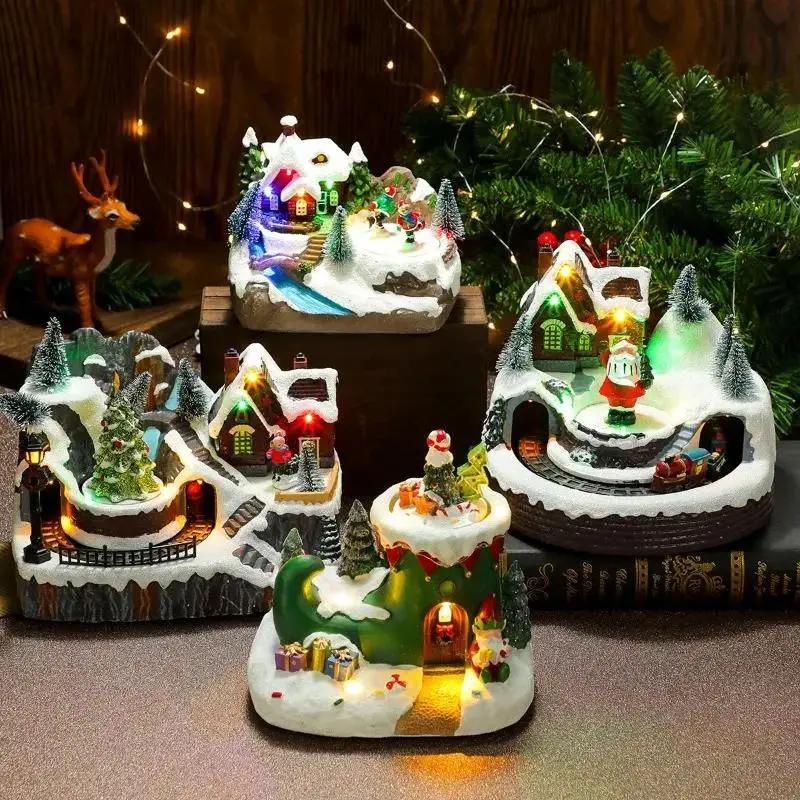 666  Christmas House Village Rotating Scene Ornament LED Lighting Santa Claus Snow Figurine Electric Music Box Xmas Decor