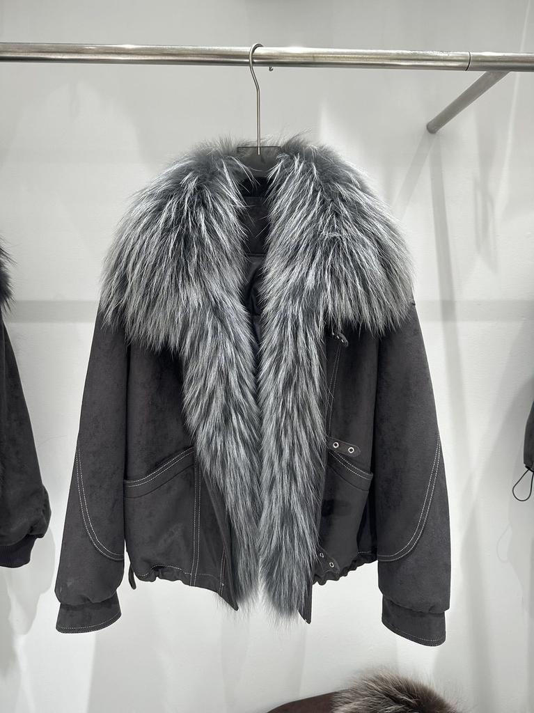 Winter new oversized natural real raccoon fur collar placket jacket women's retro versatile warm down jacket short