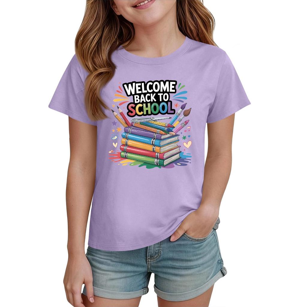 Kids Short Sleeve T Shirt Casual Crew Neck Tee Top Children Back to School Graphic Printed Lightweight Comfortable Summer Wear