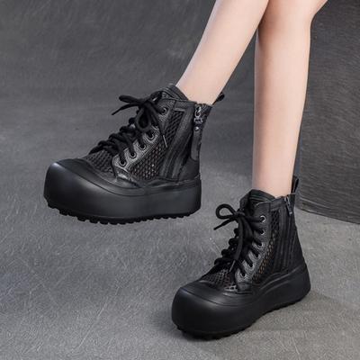 Retro Breathable Mesh Hollow Out Boots Genuine Leather Women's Flat Platform Shoes