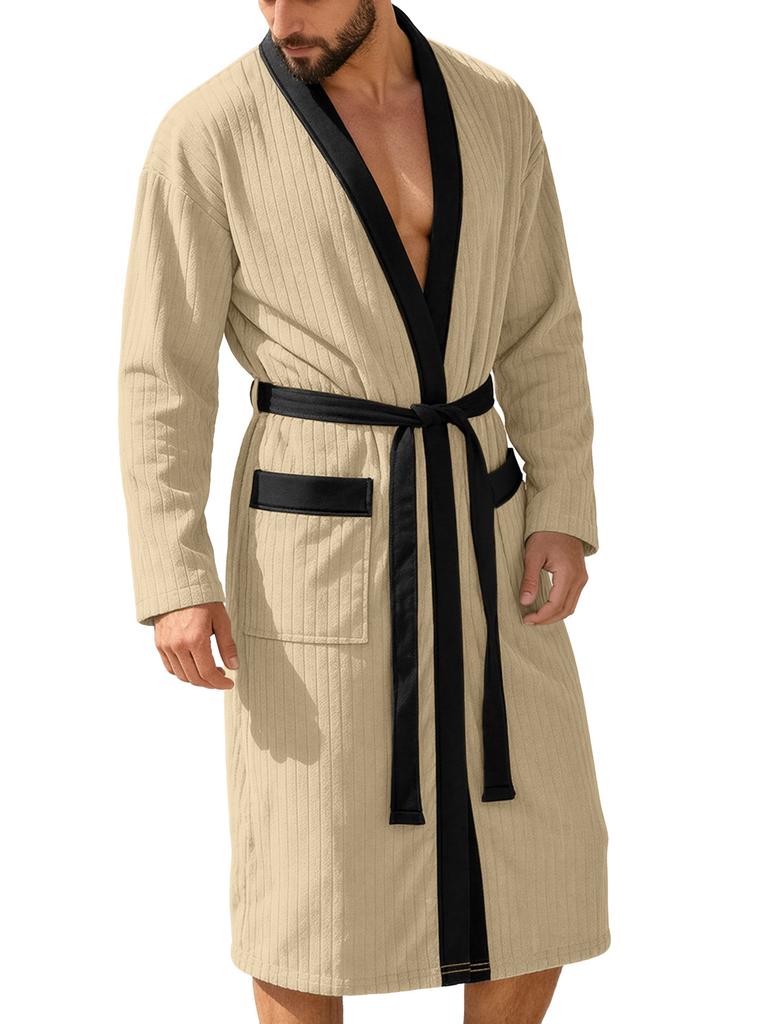 Mens Long Jacquard Solid Color Belted Bath Robe Plus Size Home Loungewear