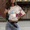 Women Crew Neck Pullover Printed Short Sleeve T Shirt Loose Fit Casual Top Patchwork Pattern Soft Comfortable Material