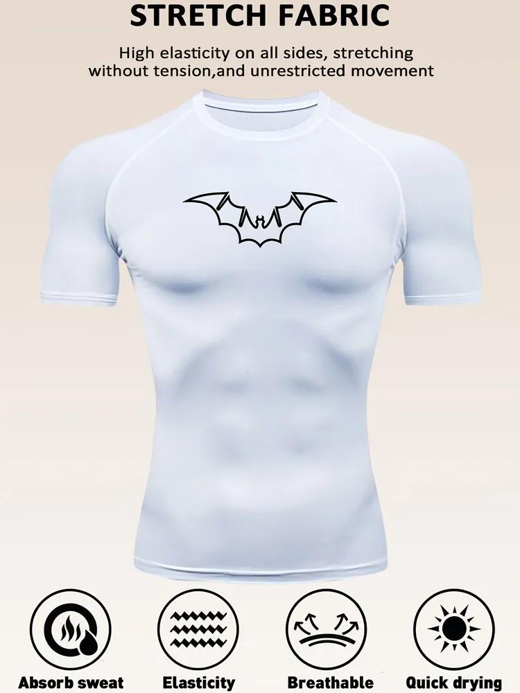 Men s Grey Bat Print Compression T-Shirt, Quick Dry Breathable Gym Workout Top S