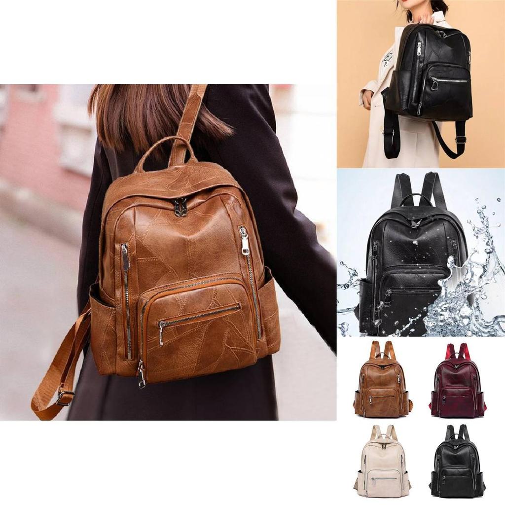 Stylish Pu Leather European Retro Casual Backpack For Women Soft Zipper Closure