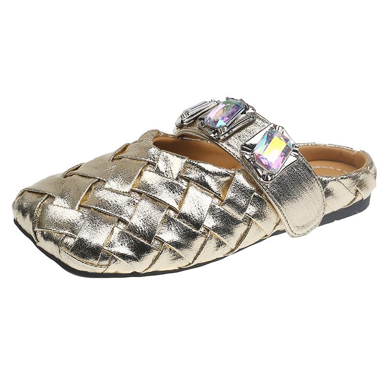 Fashion Spring New Baotou Slippers Square Head Shallow Mouth Braided with Glitter Soft Sole Anti-slip Wear-resistant Flat Shoes