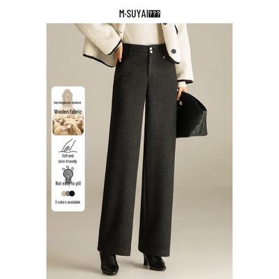 Mengshuya Women's High-Waist Herringbone Wool Blend Straight-Leg Pants