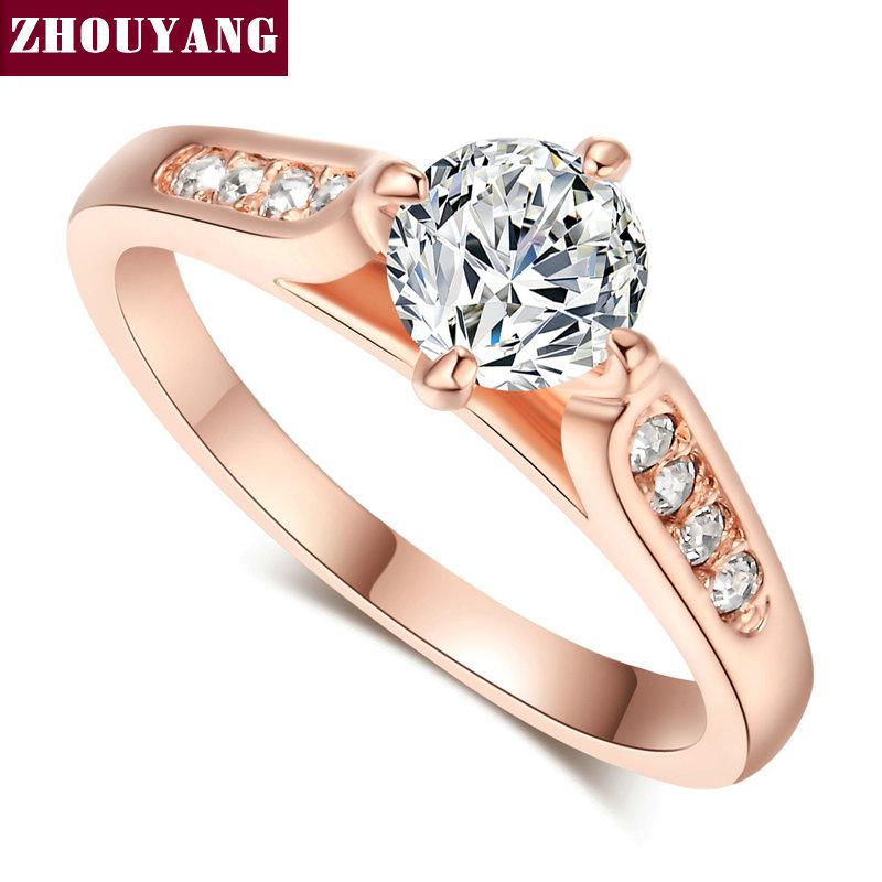 ZHOUYANG Engagement Wedding Ring For Women Classic Prong Setting CZ  Rose Gold Color Fashion Jewelry Lover's Ring R064 R065