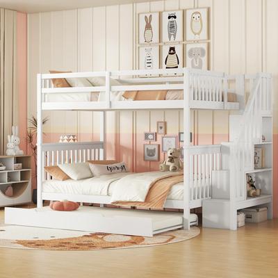 Etagenbett Kinderbett 140x200 cm mit Treppenregal und sicherem Zaun, ausgestattet mit ausziehbares Rollbett, aus Kiefernholz & MDF