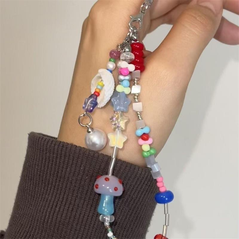 

Милый брелок-подвеска с грибочком, ракушкой, жемчугом, бисером, девчачья цепочка для телефона, шнурок, подвеска-звездочка, украшения для сумки, веревочка против потери, подарок