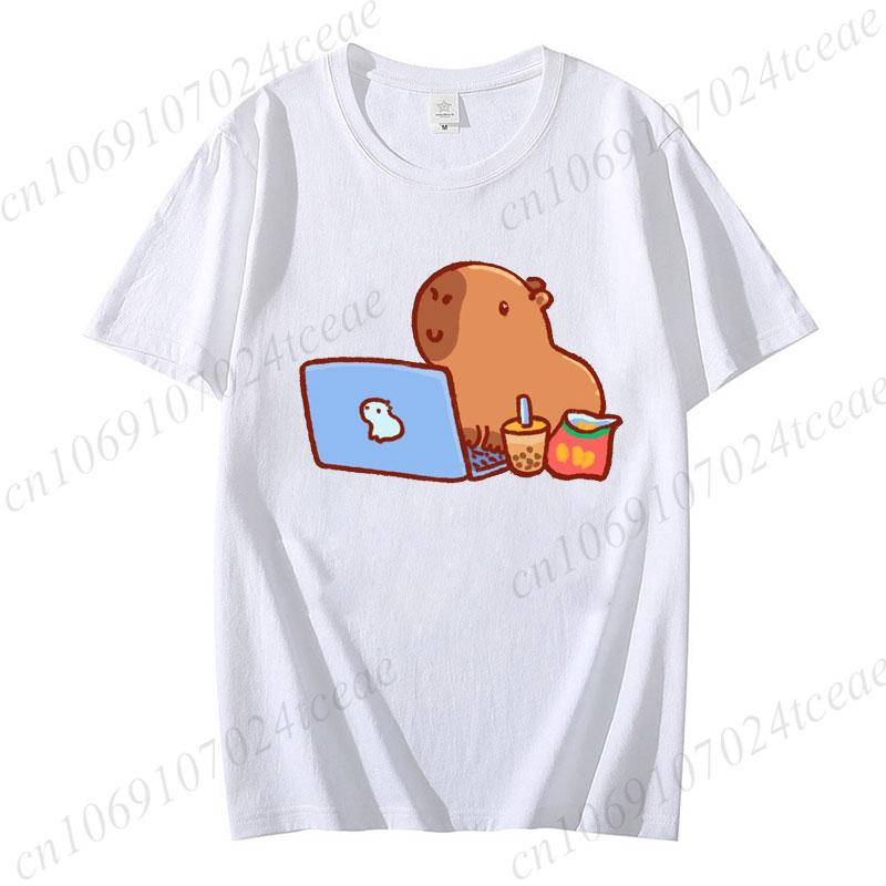Cute Capybara Loves Bubble Tea Print Women Kids T-Shirt Summer Children's Short-sleeved Casual Pink Tops Adults Boys Girls Gifts