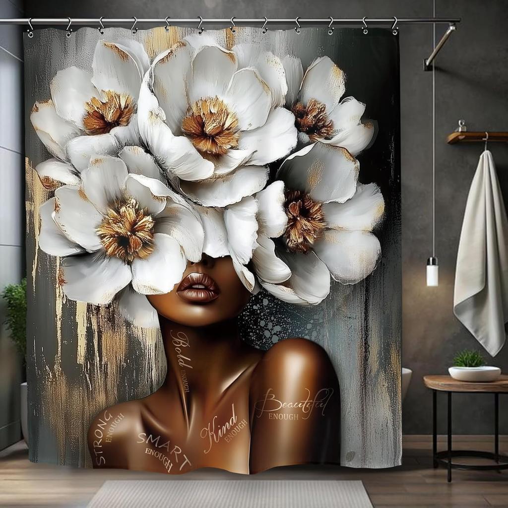 African American Olive Green Shower Curtain Black Girl Flower Oil Painting Art Bathroom Accessories Decoration with 12 Hooks