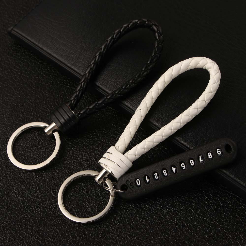 Hand Woven Leather Strap Phone Number Keychain Car Key Clip Car Key Holder Lanyard Keyring