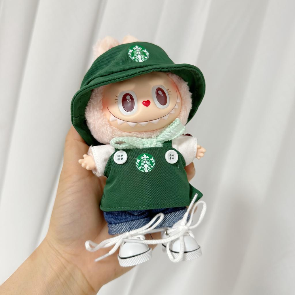 For Labubu V1 V2 V3 Doll Clothing Fashion Overalls Bib Hat T-Shirt Shorts Shoes Set Kawaii Coffee Working Clothes Accessories