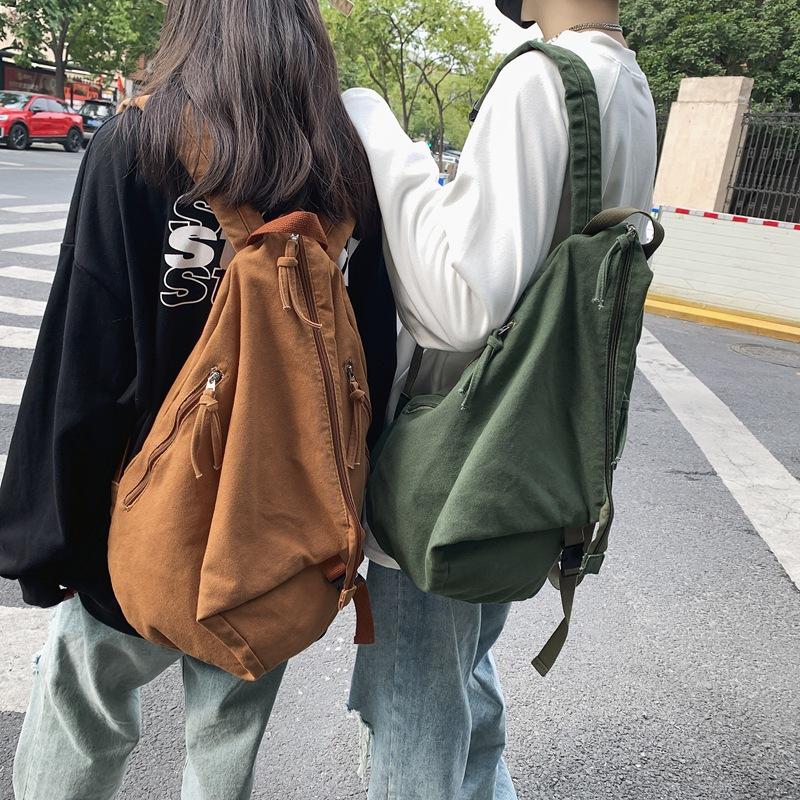 Japanese Schoolbag Large-Capacity Student Backpack Women'S Fashion Casual Solid Color Washed Canvas Backpack Men