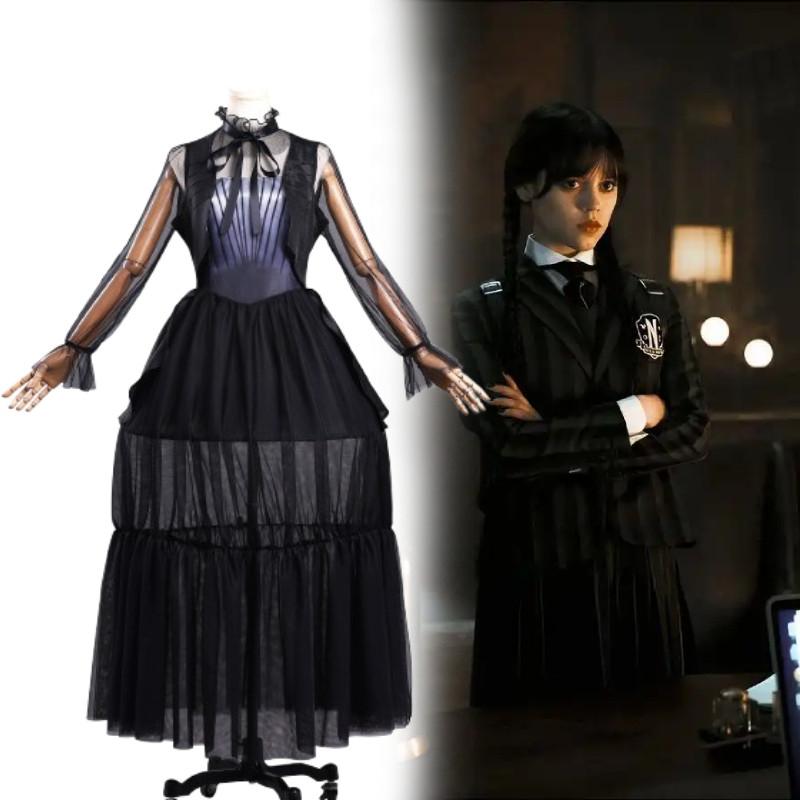 The Addams Family Wednesday Cosplay Costume With Black Hollow Out Dress For Halloween And Party