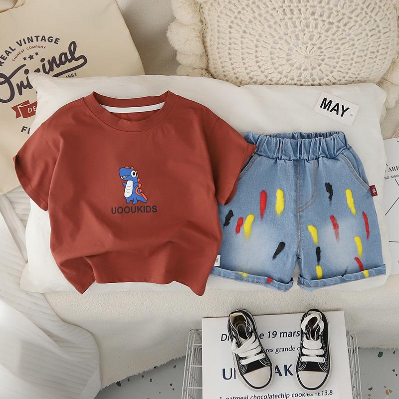 Jungen Sommer Dinosaurier Print Kinder Kurzarm Set Modisches und Vielseitiges Jungen Baby Sommer Zweiteiler
