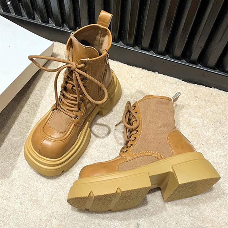 New Canvas Leather Splicing Platform Boots Women Chunky Thick Bottom Lace-up Biker Boots Luxury Designer Ankle Boots for Women