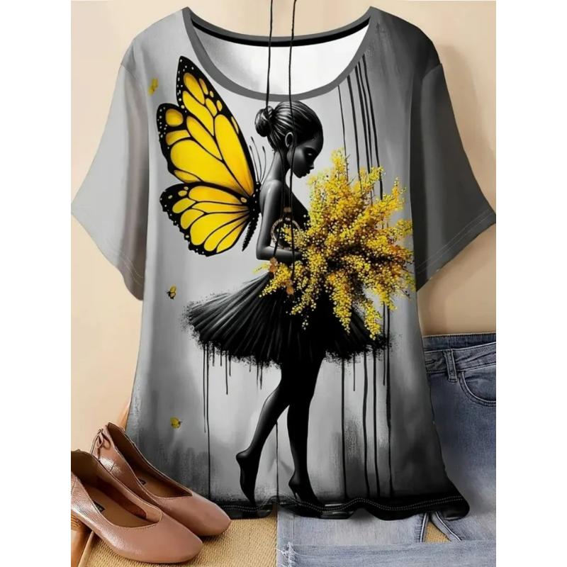 Women's T-shirt 3D Pattern Printed Casual Short Sleeved Cartoon Girl Image Print O-Neck Top Fashionable Street Women's Clothing