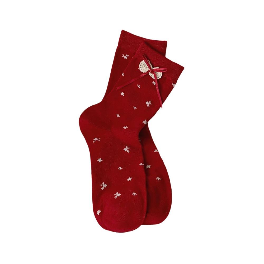 Double Layer Bow Socks Red Color Stacking Socks Trendy Mid Tube Socks  Holiday