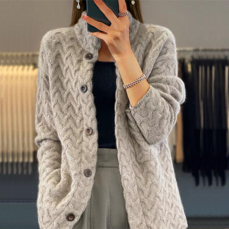 Tooxika Women's Clothing 2024 Autumn And Winter New Women's Retro Twisted Stand Collar Knitted Cardigan Solid Color Long Sleeve Sweater Jacket